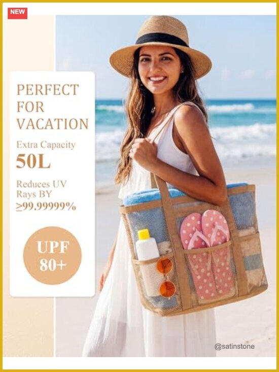 Foldable UPF 80+ Straw Sun Hat & Mesh Beach Tote Bundle Set for Women main image 6